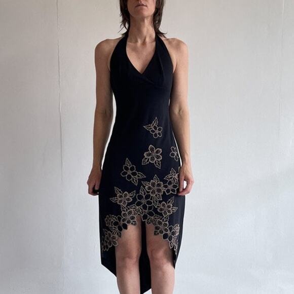 Y2K Black Floral Beaded Halter Dress Sz S Fairy Goth Prom Formal RAMPAGE - Picture 11 of 11